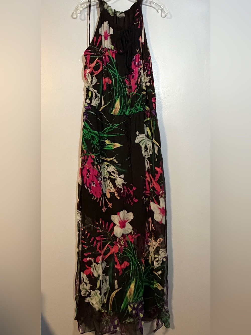 Elie Tahari Black Maxi Dress with Pink & Green Floral Print Silk